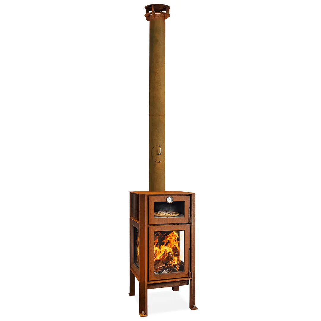 RB73 Quercus CorTen steel outdoor fireplace and oven on decking setting