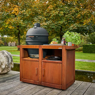 RB73 BBQuar Outdoor Kitchen Kamado Trolley with Kamado Grill in garden setting