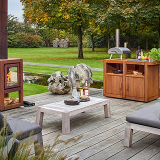 RB73 BBQuar Outdoor Kitchen Trolley on garden decking setting with RB73 outdoor fireplace