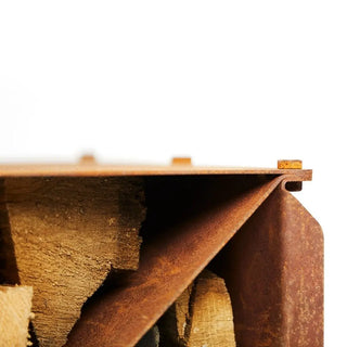 RB73 BloX CorTen Steel Log Storage Box on white background close up