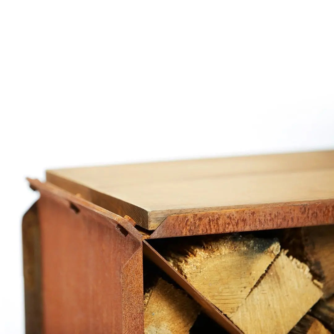 RB73 BloX CorTen Steel Log Storage Box on white background close up
