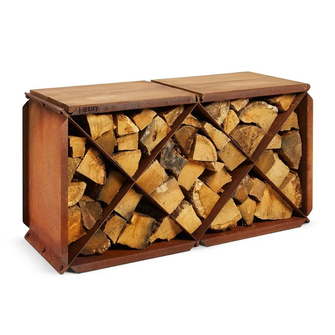 RB73 BloXX CorTen Steel Log Storage Box on white background with Iroko hardwood seat 