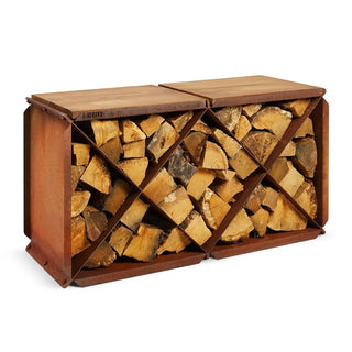 RB73 BloXX CorTen Steel Log Storage Box on white background with Iroko hardwood seat 