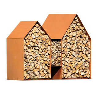 RB73 Bruges 2 House CorTen Steel Wood Storage on white background