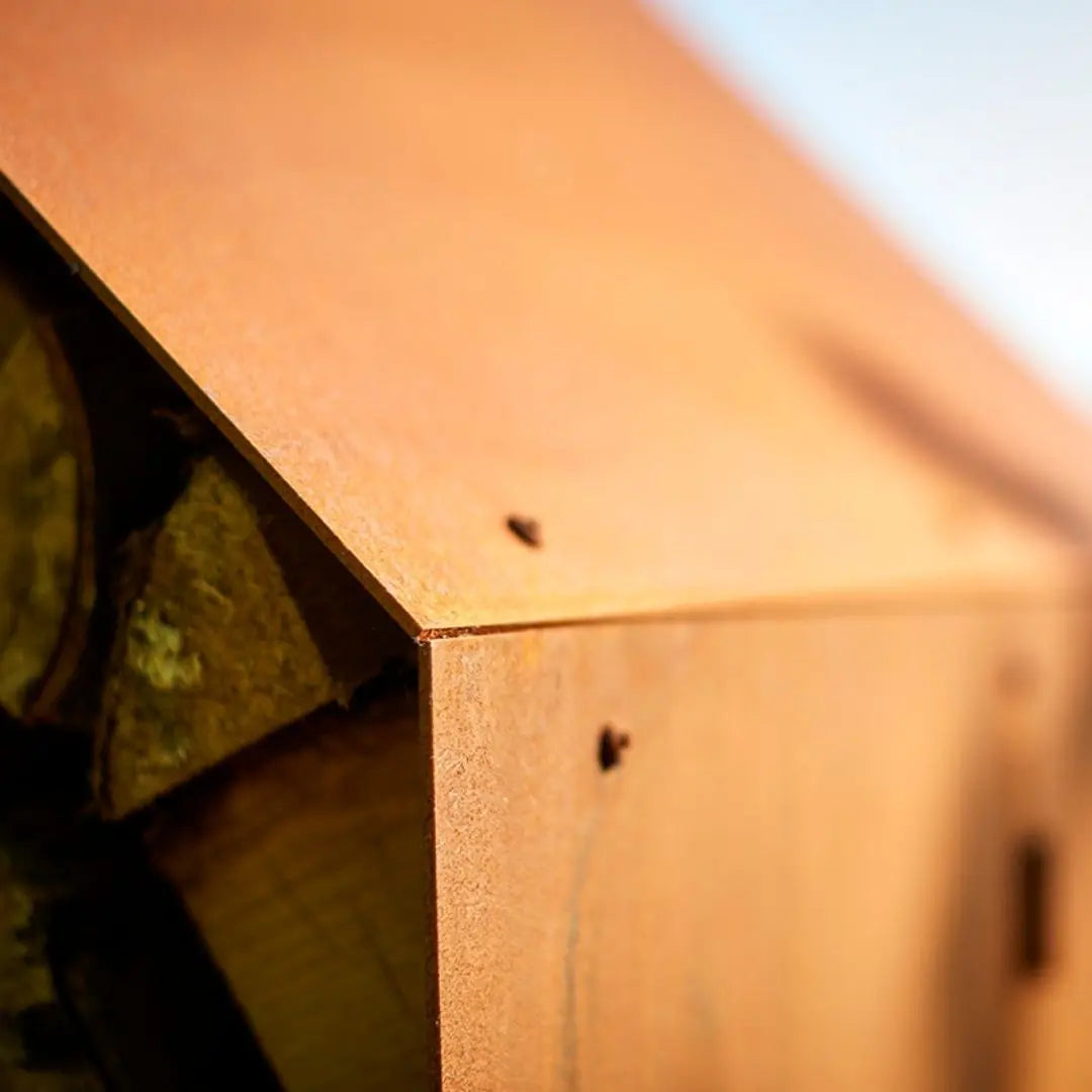 RB73 Bruges 2 +3 House CorTen Steel Wood Storage close up