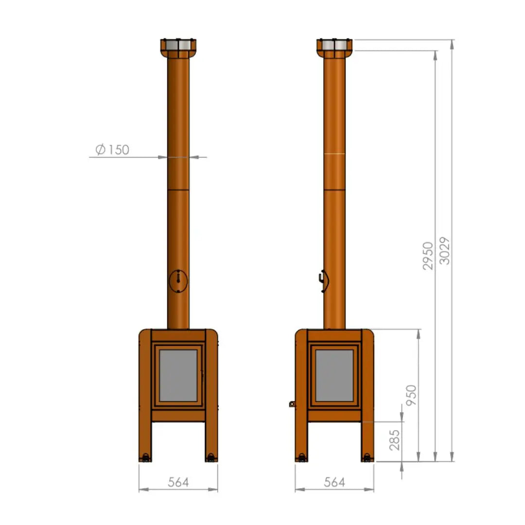 RB73 Fennek 50 Outdoor Fireplace - Compact CorTen Steel Wood Burner dimensions diagram
