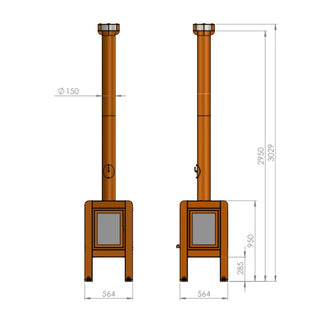 RB73 Fennek 50 Outdoor Fireplace - Compact CorTen Steel Wood Burner dimensions diagram
