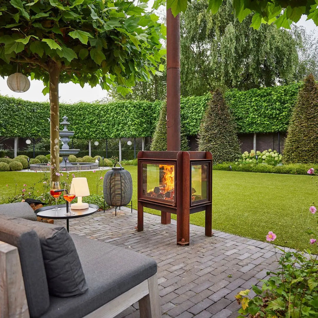 RB73 Fennek 80 Outdoor Fireplace - Large CorTen Steel Patio Heater on outdoor patio setting
