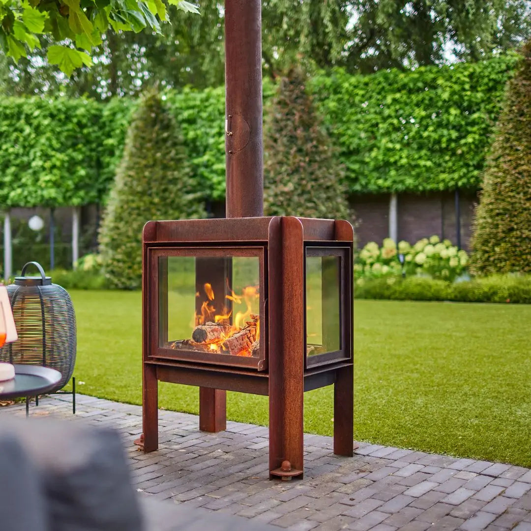 RB73 Fennek 80 Outdoor Fireplace - Large CorTen Steel Patio Heater on outdoor patio setting