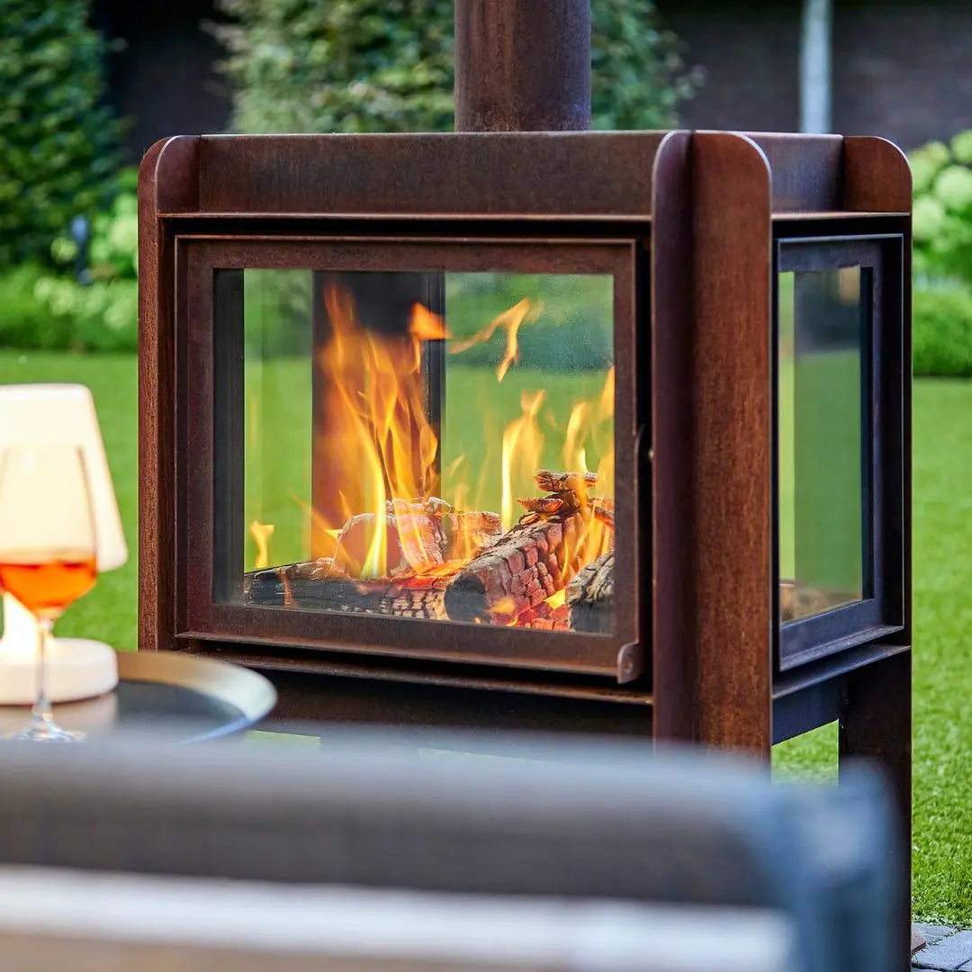 RB73 Fennek 80 Outdoor Fireplace - Large CorTen Steel Patio Heater on outdoor patio setting
