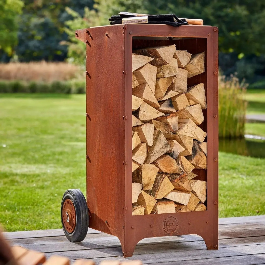RB73 Ker Mobile CorTen Steel Log Storage on decking close up