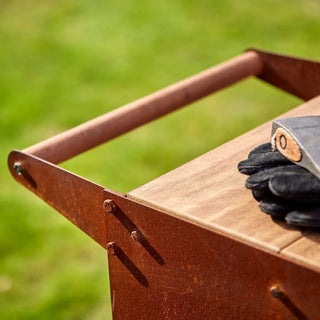 RB73 Ker Mobile CorTen Steel Log Storage on decking close up