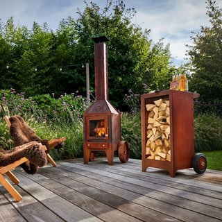 RB73 Ker Mobile CorTen Steel Log Storage on decking with RB73 outdoor fireplace