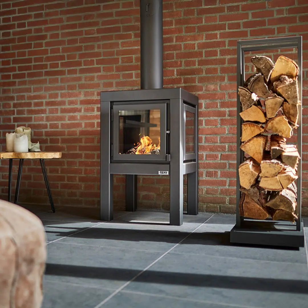 RB73 Quaruba L outdoor fireplace in black steel outdoor fireplace with logstore box