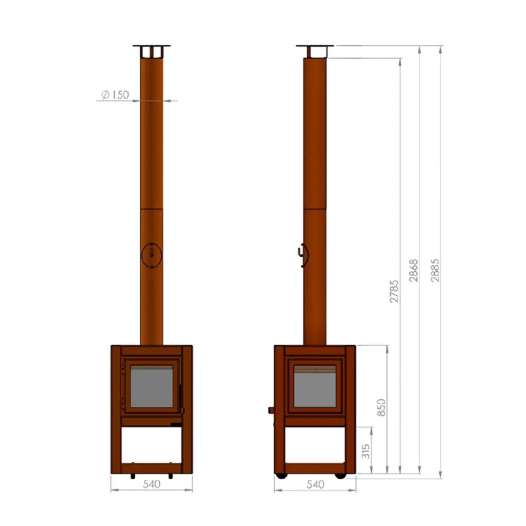 RB73 Quaruba L Mobile Outdoor Fireplace – CorTen Steel Wood Burner dimensions diagram