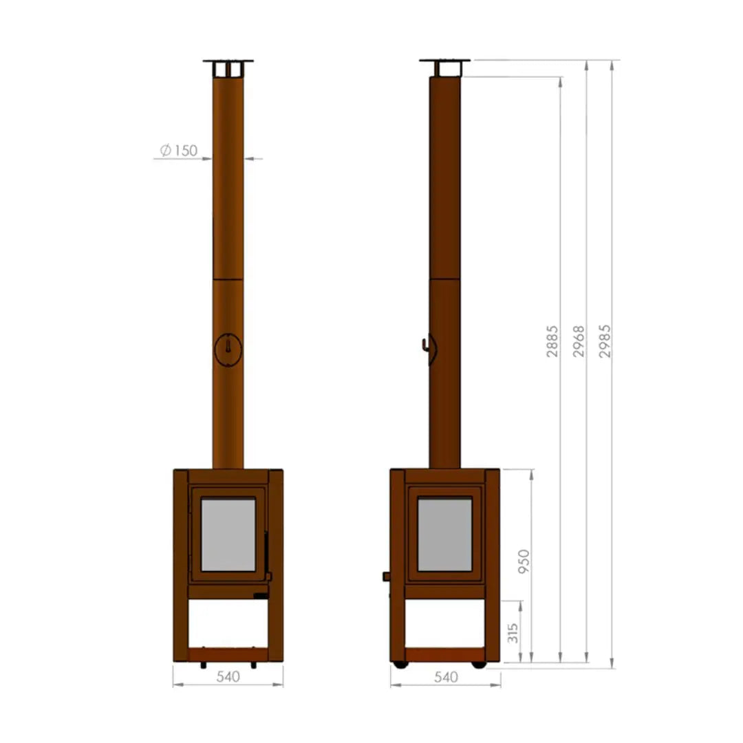 RB73 Quaruba XL Mobile Outdoor Fireplace - CorTen Steel Wood Burner dimensions diagram