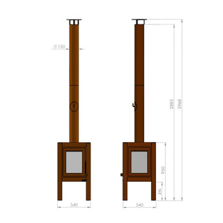 RB73 Quaruba XL Outdoor Fireplace - CorTen Steel Wood Burner dimensions diagram