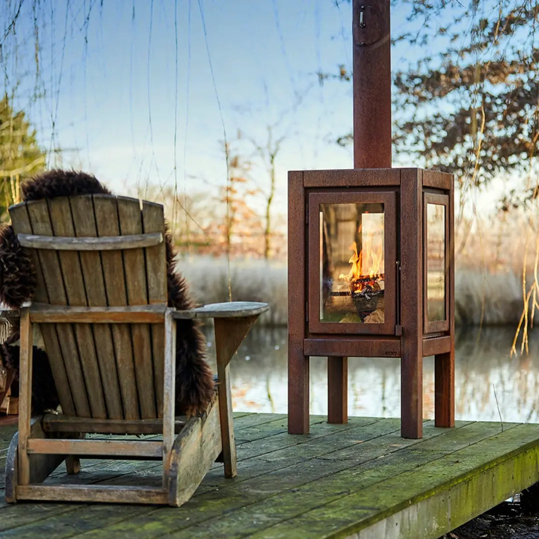 RB73 Quaruba XXL Outdoor Fireplace - CorTen Steel Wood Burner on decking setting