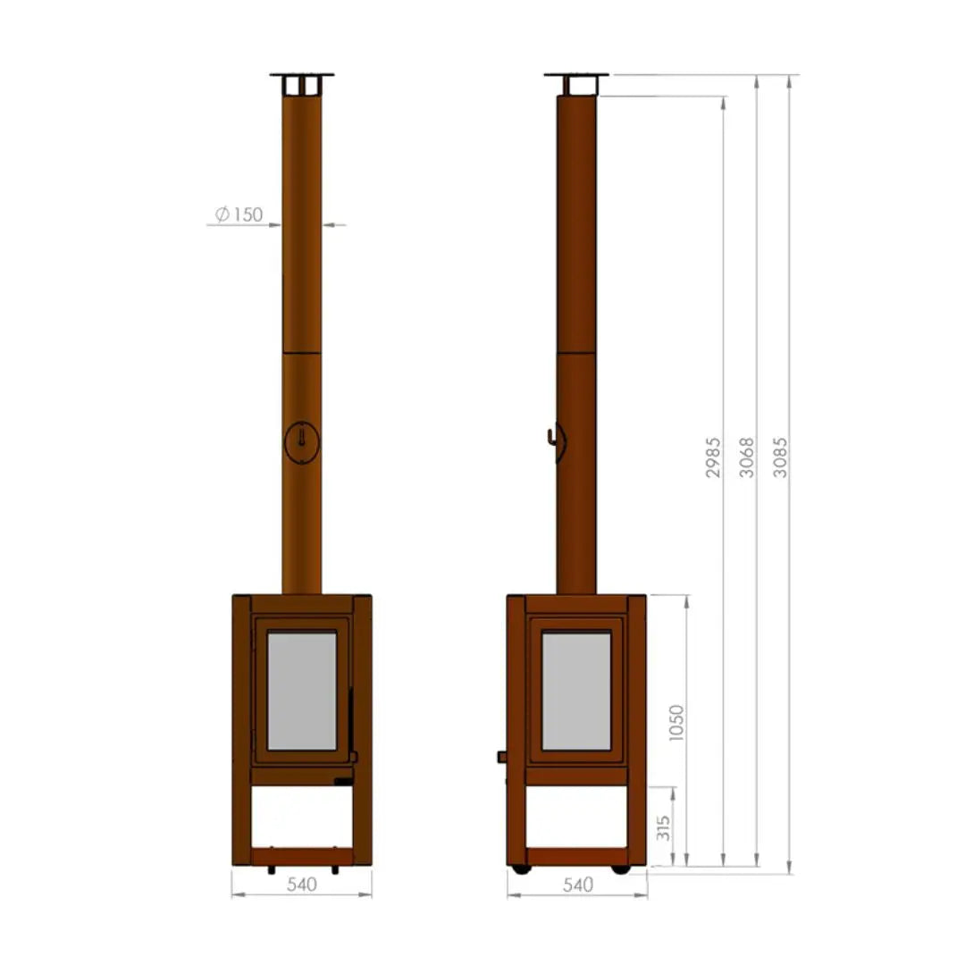 RB73 Quaruba XXL Mobile Outdoor Fireplace - CorTen Steel Wood Burner dimensions diagram