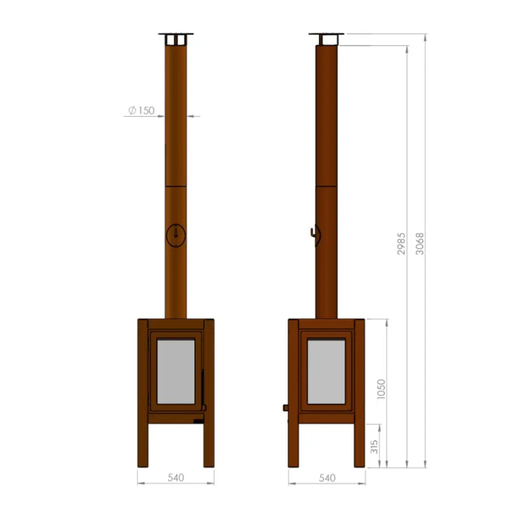 RB73 Quaruba XXL Outdoor Fireplace - CorTen Steel Wood Burner dimensions diagram