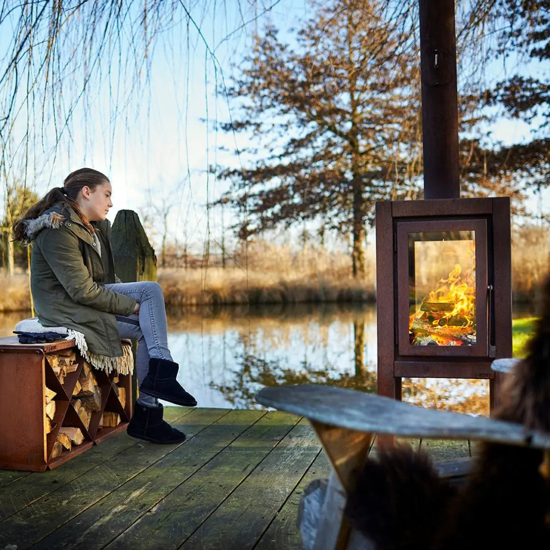RB73 Quaruba XXL Outdoor Fireplace - CorTen Steel Wood Burner on decking setting