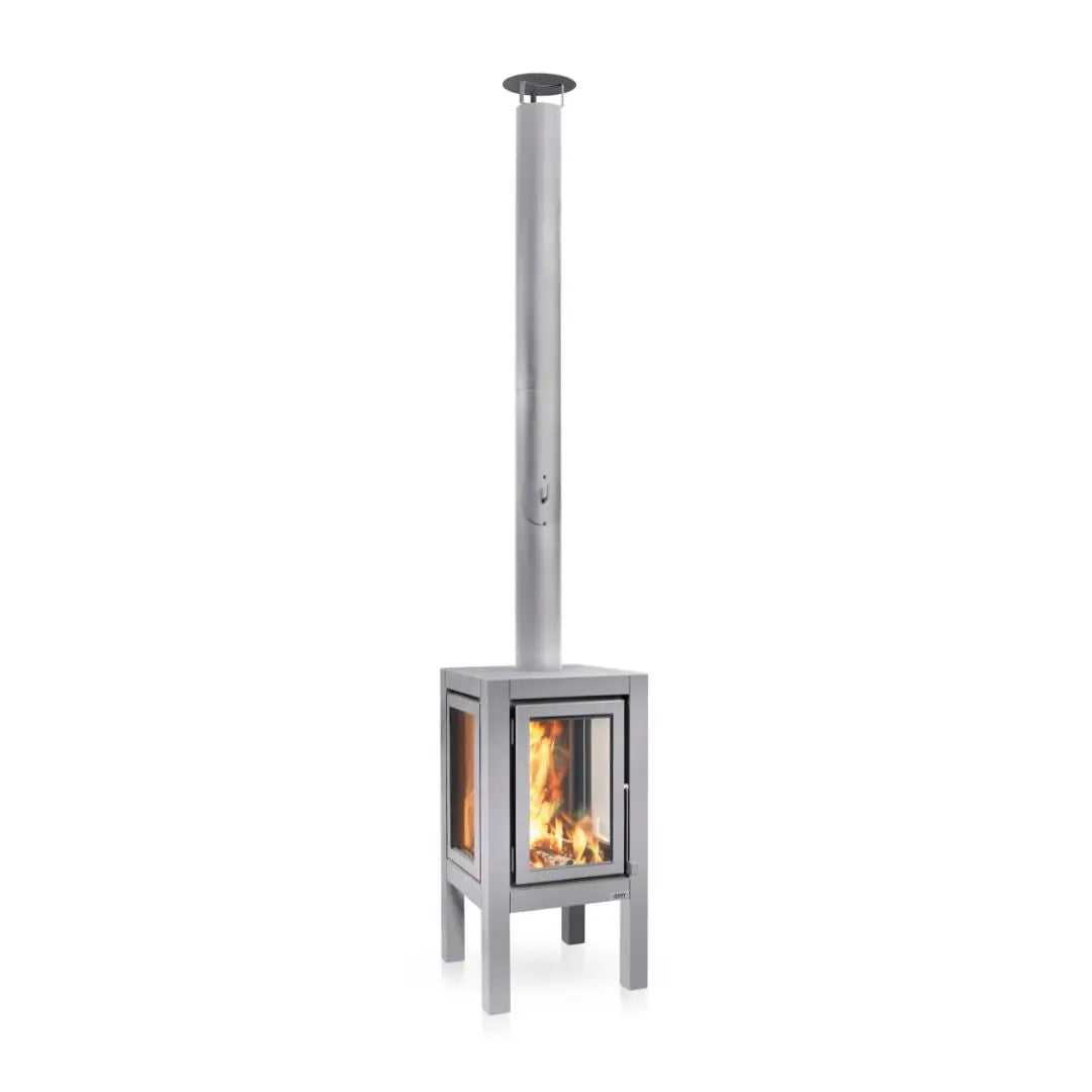 RB73 Quaruba XXL outdoor fireplace in matt steel on outdoor patio setting