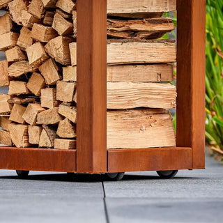 RB73 Quarubox Mobile CorTen Steel Log Storage castor wheels close up