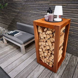 RB73 Quarubox Mobile CorTen Steel Log Storage on decking