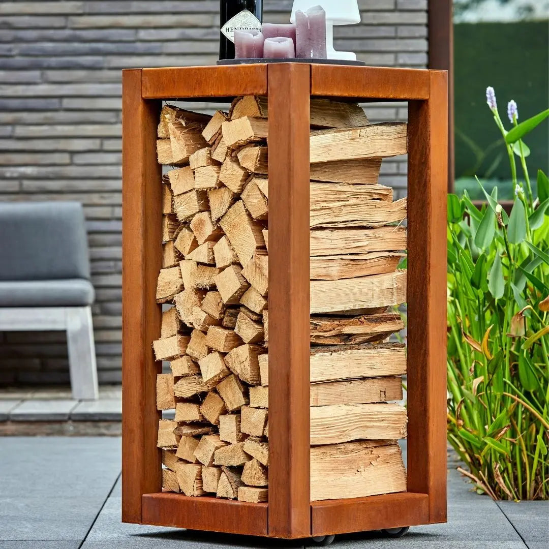 RB73 Quarubox Mobile CorTen Steel Log Storage close up
