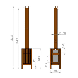 RB73 Quercus Outdoor Fireplace & Oven - CorTen Steel Wood Burner dimensions diagram