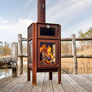 RB73 Quercus Outdoor Fireplace & Oven - CorTen Steel Wood Burner decking setting