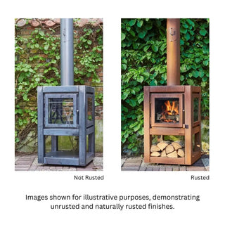 RB73 Outdoor Fireplace - rusted versus unrusted comparison image