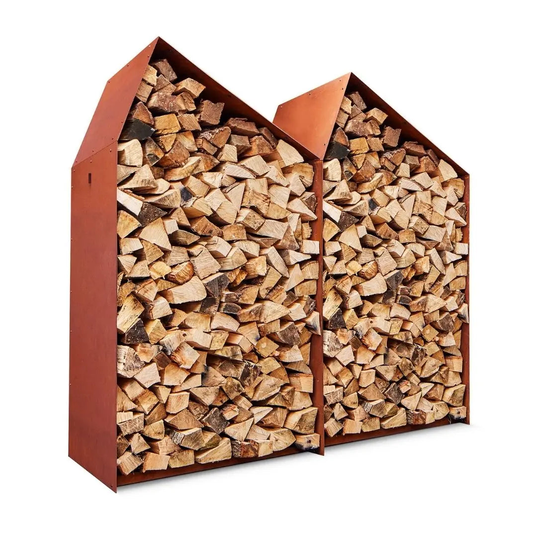 RB73 Sheddak 2 House CorTen Steel Wood Storage on white background