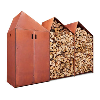 RB73 Sheddak 3 House Open and Closed CorTen Steel Wood Storage