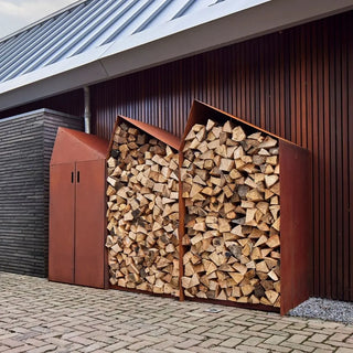 RB73 Sheddak 3 House Open and Closed CorTen Steel Wood Storage
