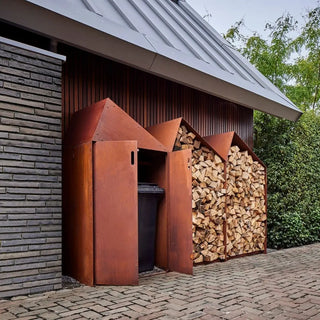 RB73 Sheddak 3 House Open and Closed CorTen Steel Wood Storage
