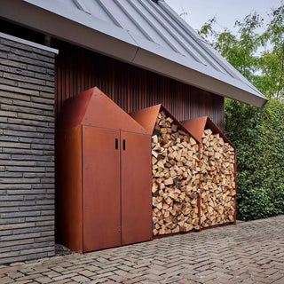 RB73 Sheddak 3 House Open and Closed CorTen Steel Wood Storage