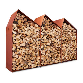 RB73 Sheddak 3 House Open CorTen Steel Wood Storage on white background