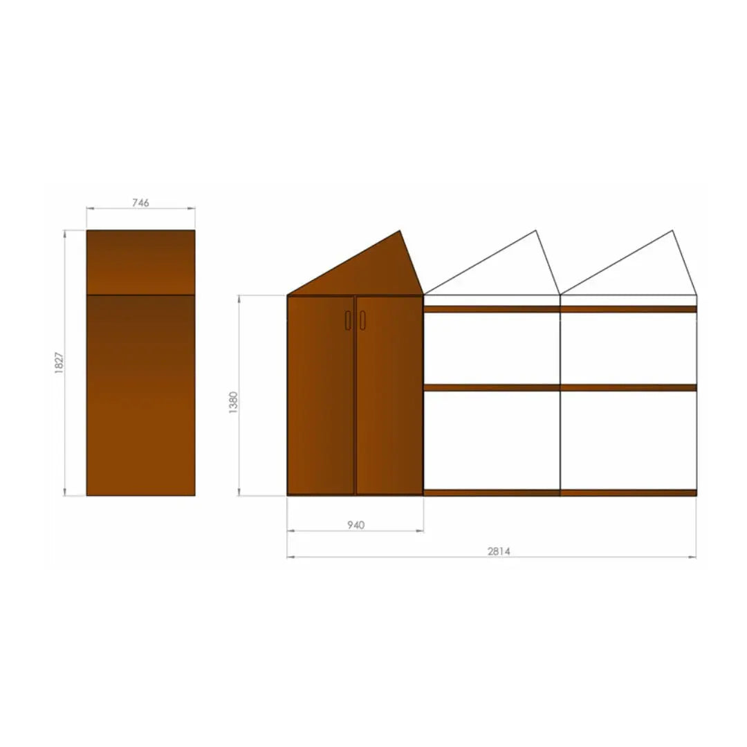 RB73 Sheddak 3 House Open and Closed CorTen Steel Wood Storage dimensions