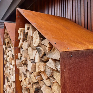 RB73 Sheddak 3 House CorTen Steel Wood Storage close up