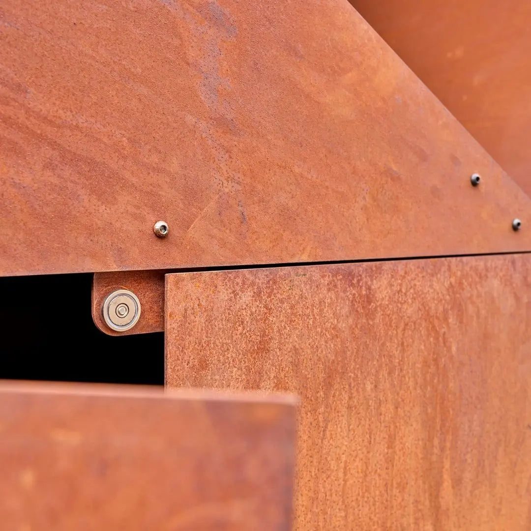 RB73 Sheddak House CorTen Steel Wood Storage close up