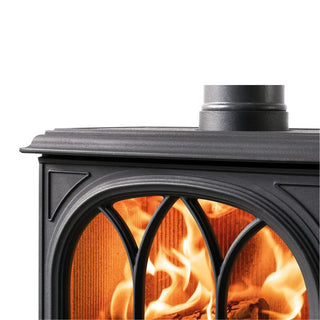 Close-up of Stovax Huntingdon 30 black wood stove with glowing embers and flames inside.