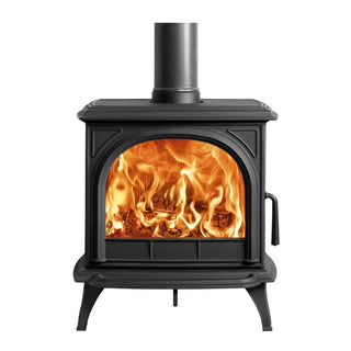 Stovax Huntingdon 30 Black wood stove with clear door and flames inside on a white background