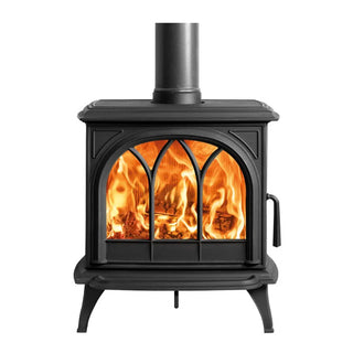 Stovax Huntingdon 30 Black wood stove with tracery door and visible flames on a white background