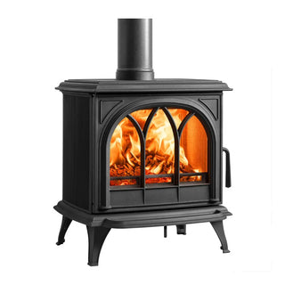 Stovax Huntingdon 30 Black wood stove with tracery door and glowing  flames on a white background