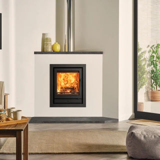 Stovax Riva2 55 Inset Wood Burning Stove - 5 kW on corner chimney wall