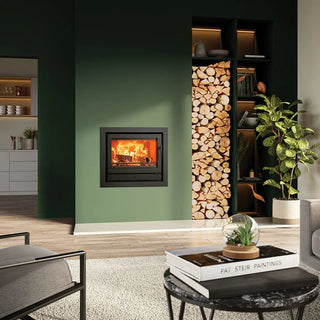 Stovax Riva2 66 Inset Wood Burning Stove - 8.1 kW on green chimney wall