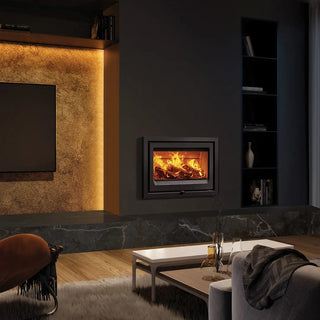 Stovax Vogue 700 Inset Wood Burning Stove - 7 kW on black chimney wall