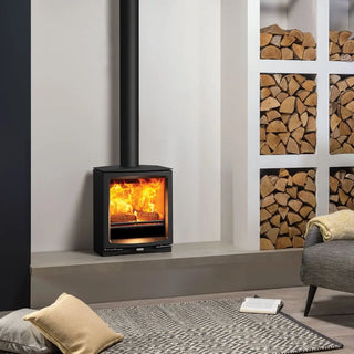 Stovax Vogue Medium Slimline Multi Fuel Stove - 5 kW on raised hearth