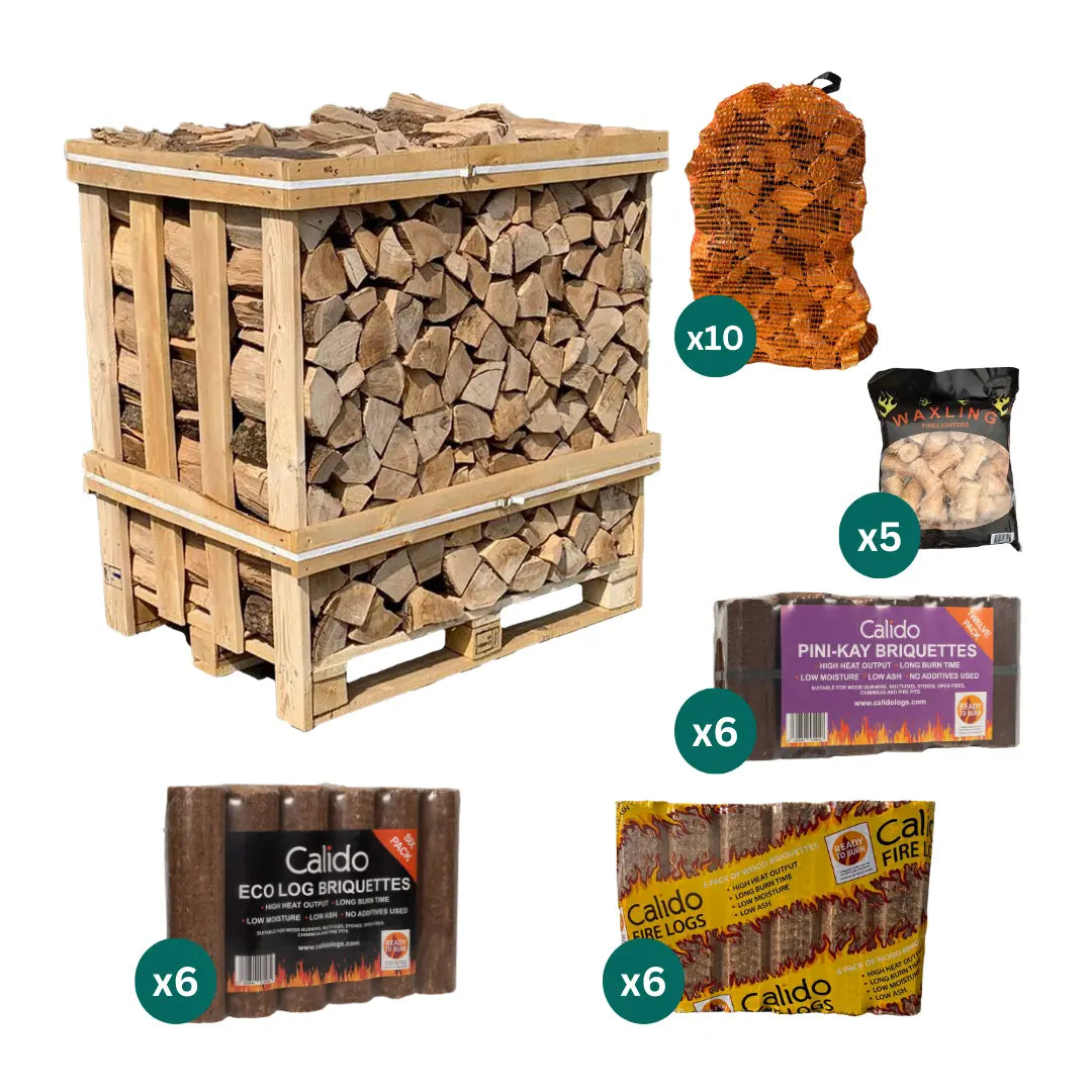 Collection of firewood and related products including a wooden firewood basket, bags of firewood, and Calido branded products on a white background.